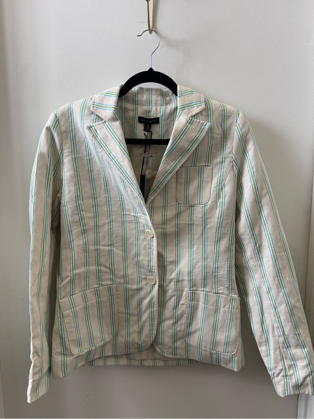 Cream Green and Blue Thin Striped Blazer